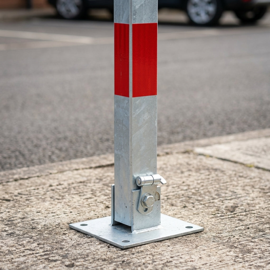Folding Parking Bollard - Silver/Red - Lockable Design (view 2)