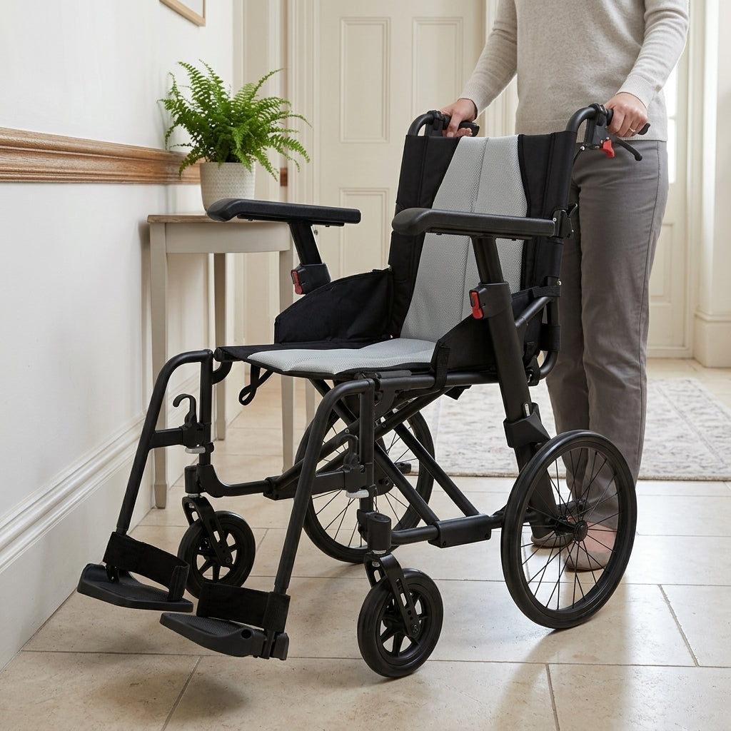 Transit Wheelchair with Ergonomic Seating and Adjustable Armrests